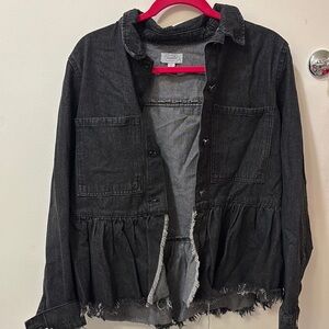 Black Jean Jacket with Ruffled Hem and Stand-Up Collar
